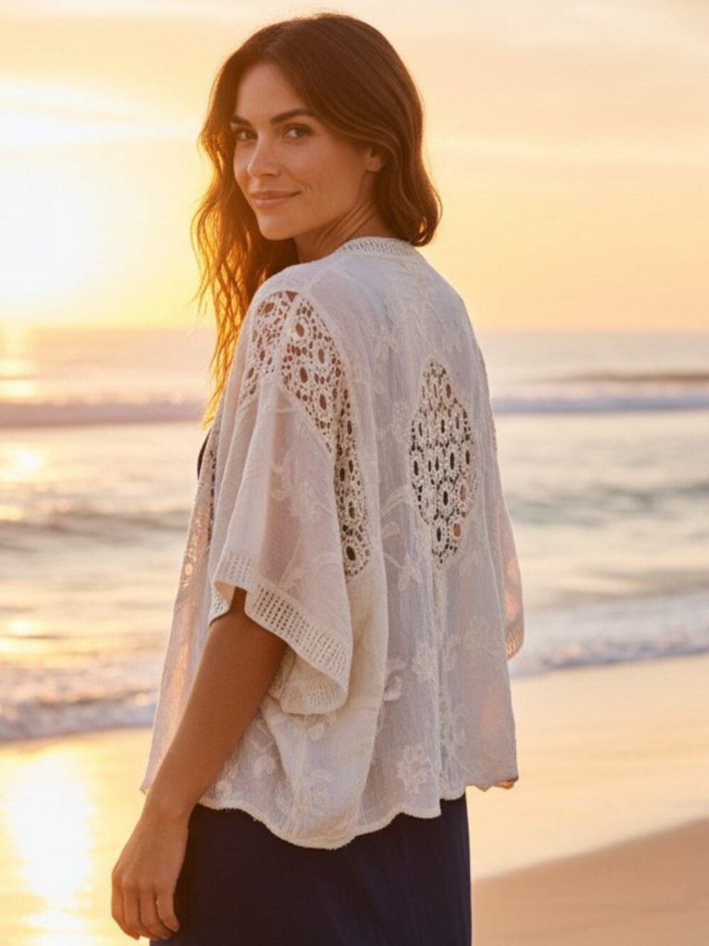 Lulla Collection Ivory Lace Crochet Kimono Open Cardigan Boho Fairy Coasal OS